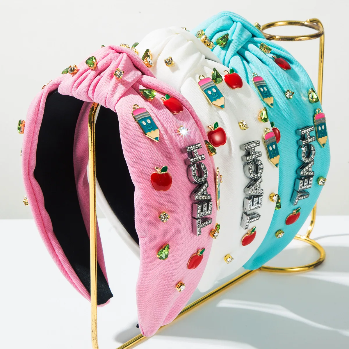 

Cross-border new back-to-school season fashion headband women's knotted high-end creative diamond-encrusted pencil apple accesso