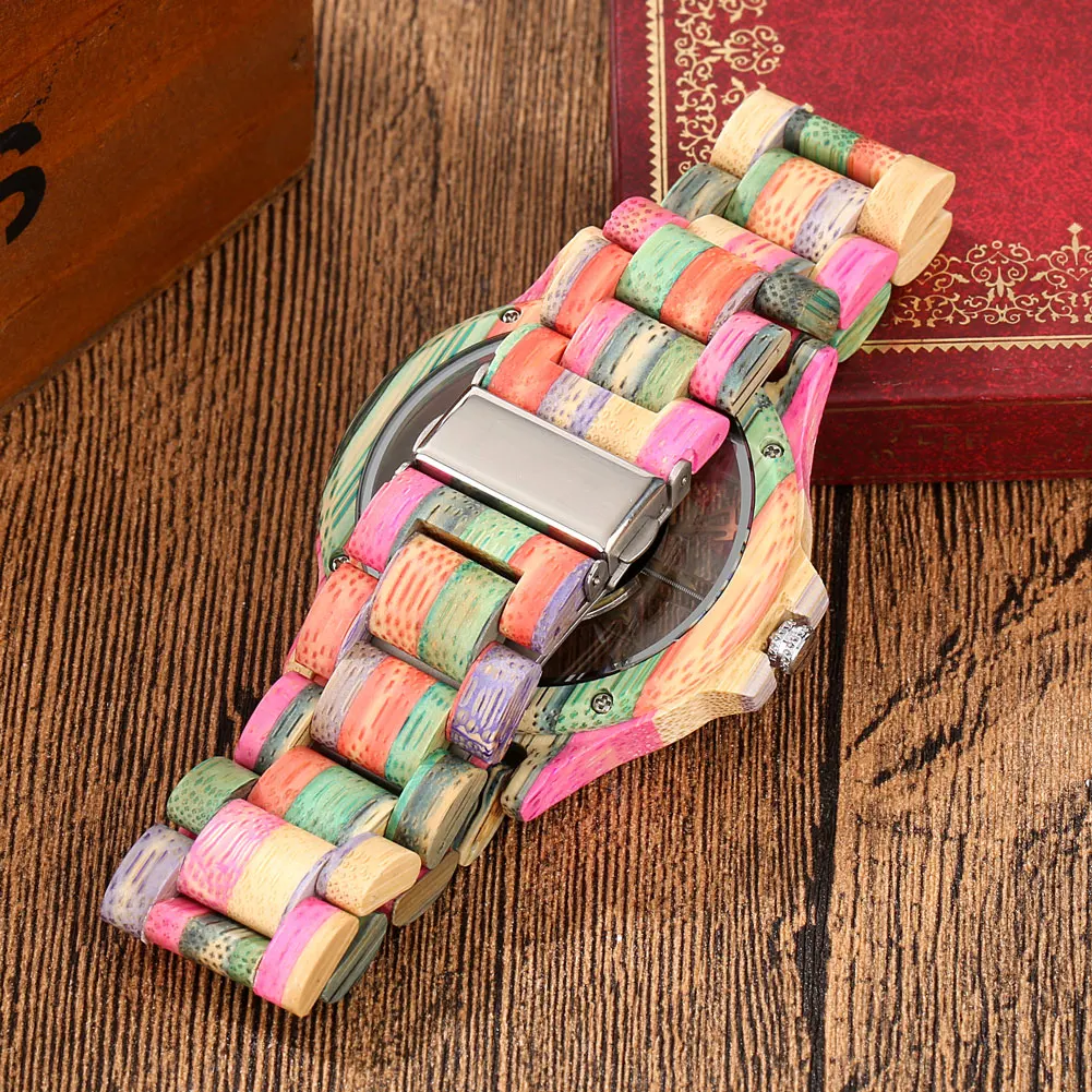 Transparent Hollow Arabic Numerals Dial Colorful Bamboo Watch Men Quartz Wristwatch Folding Clasp Bamboo Wood Bracelet Wristband