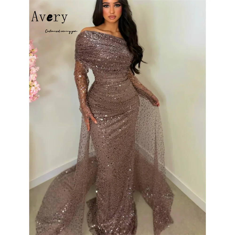 

Avery Custom Shiny Fishtail Off-shoulder Long Sleeves Evening Dresses Ladies Wedding Guest Dresses Luxury 2026 for Party Elegant