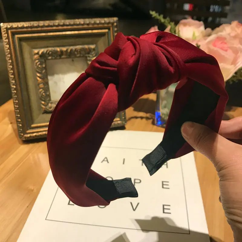 Wine Red Satin Fabric Headband Women Daily Make Up Headwear Top Knot Hairband Adults Hair Hoop All Match Hair Headband