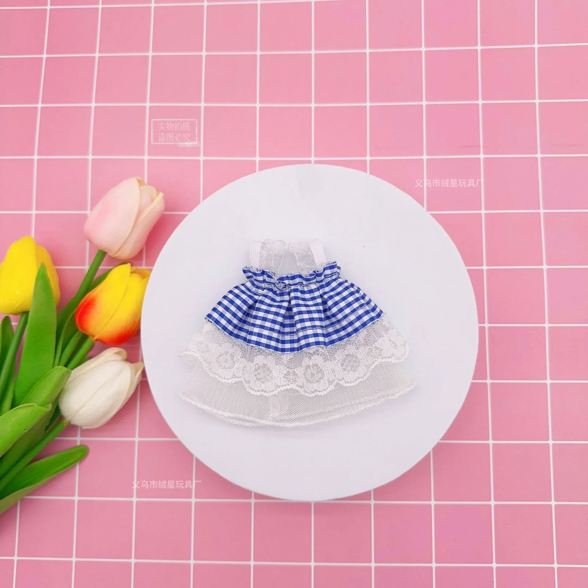 Gingham Lace Strap Doll Dress Mini Plush Toy Outfit Sweet Checkered Lace Skirt Stuffed Doll Replaceable Clothes Accessories Gift