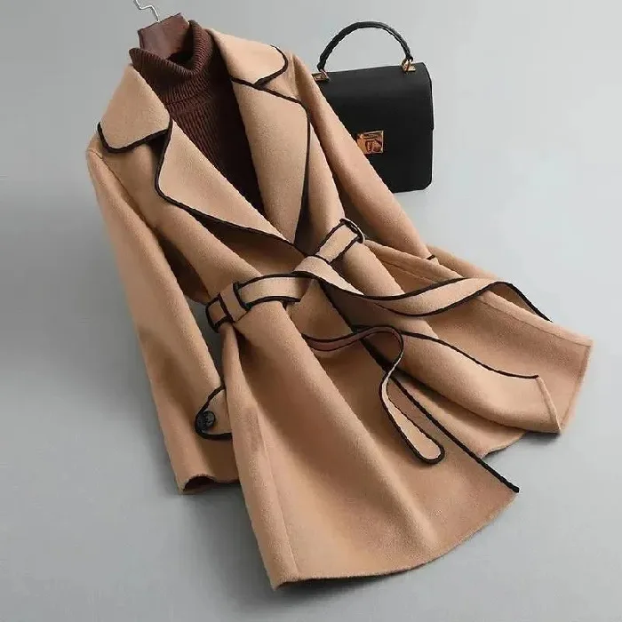 Korean Version of Thin Imitation Cashmere Coat, Foreign Contrast Color, Medium and Long, Autumn and Winter, New