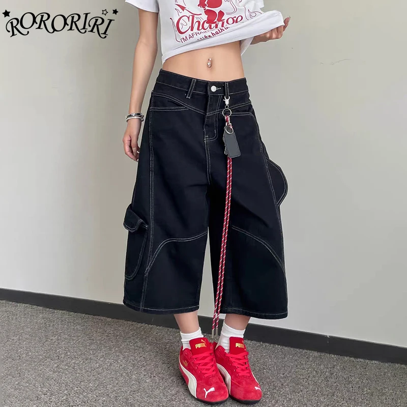 

RORORIRI Retro Splice White Seamed Women Cargo Jeans Jorts Multi-pocket Solid Knee-long Wide Denim Shorts Casual Summer Clothes