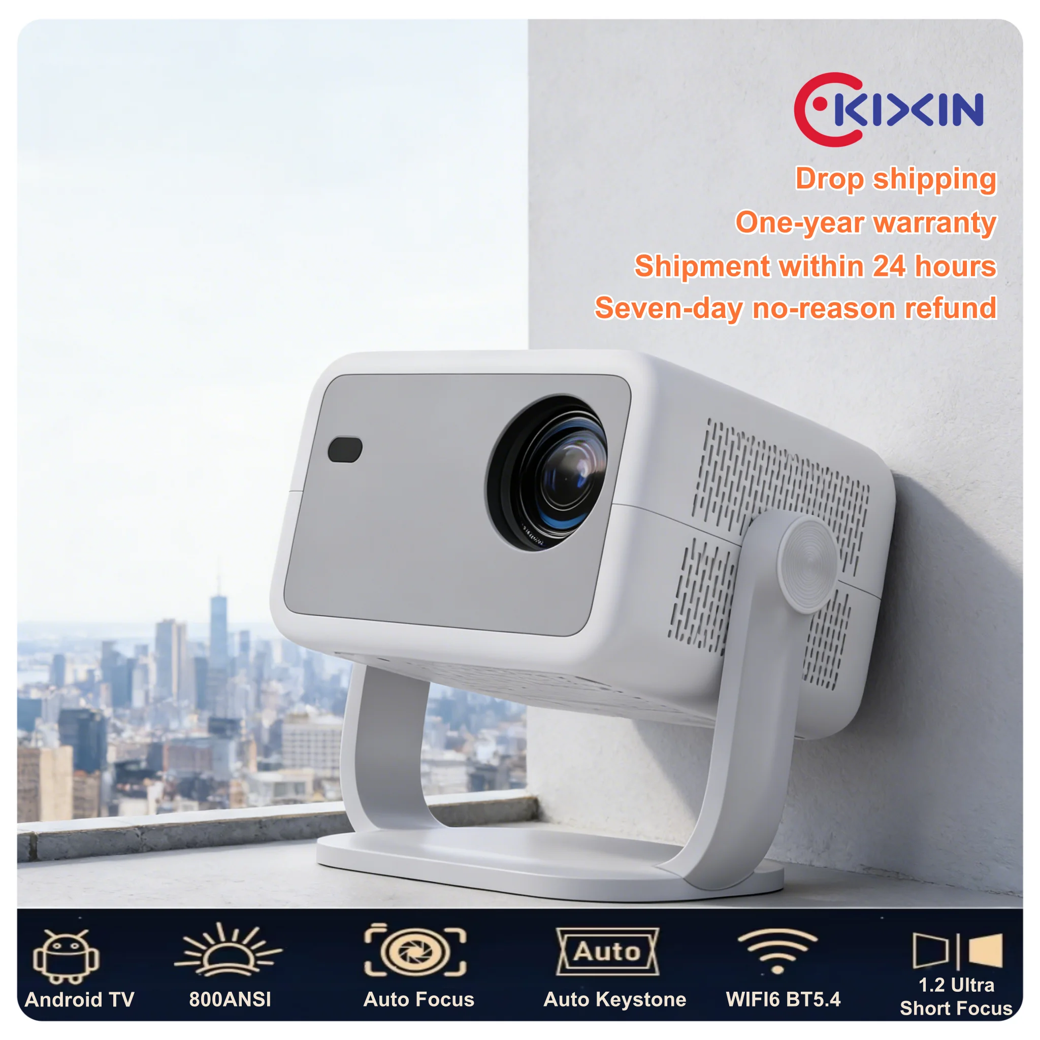 KIXIN 800ANSI Projector 4K 1080P Android 14 Netflix Offically Projectors Auto Keystone Focus Air Mouse Wifi BT5.4 Portable Home