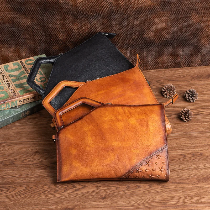 2026 New Vintage Leather Men Clutch Bag Large Capacity IPAD handbag Men Wallets Phone Pocket zip Long Purse shoulder messenger