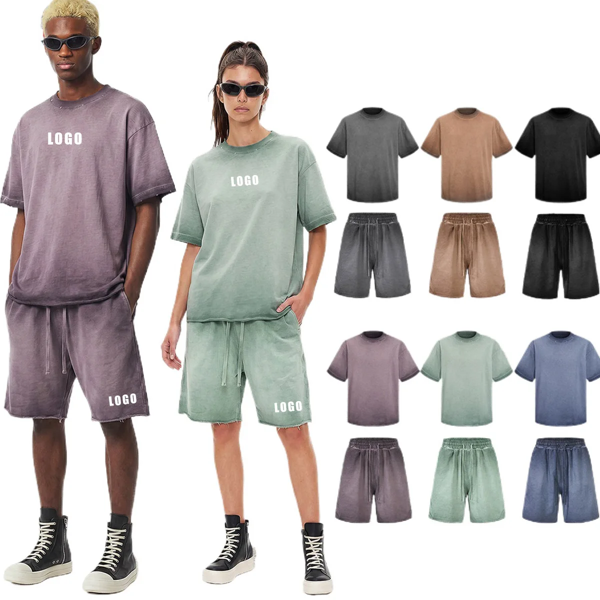 Custom LOGO men's women's 275G washed old 100% cotton spring and summer casual short sleeves American street shorts sports suit