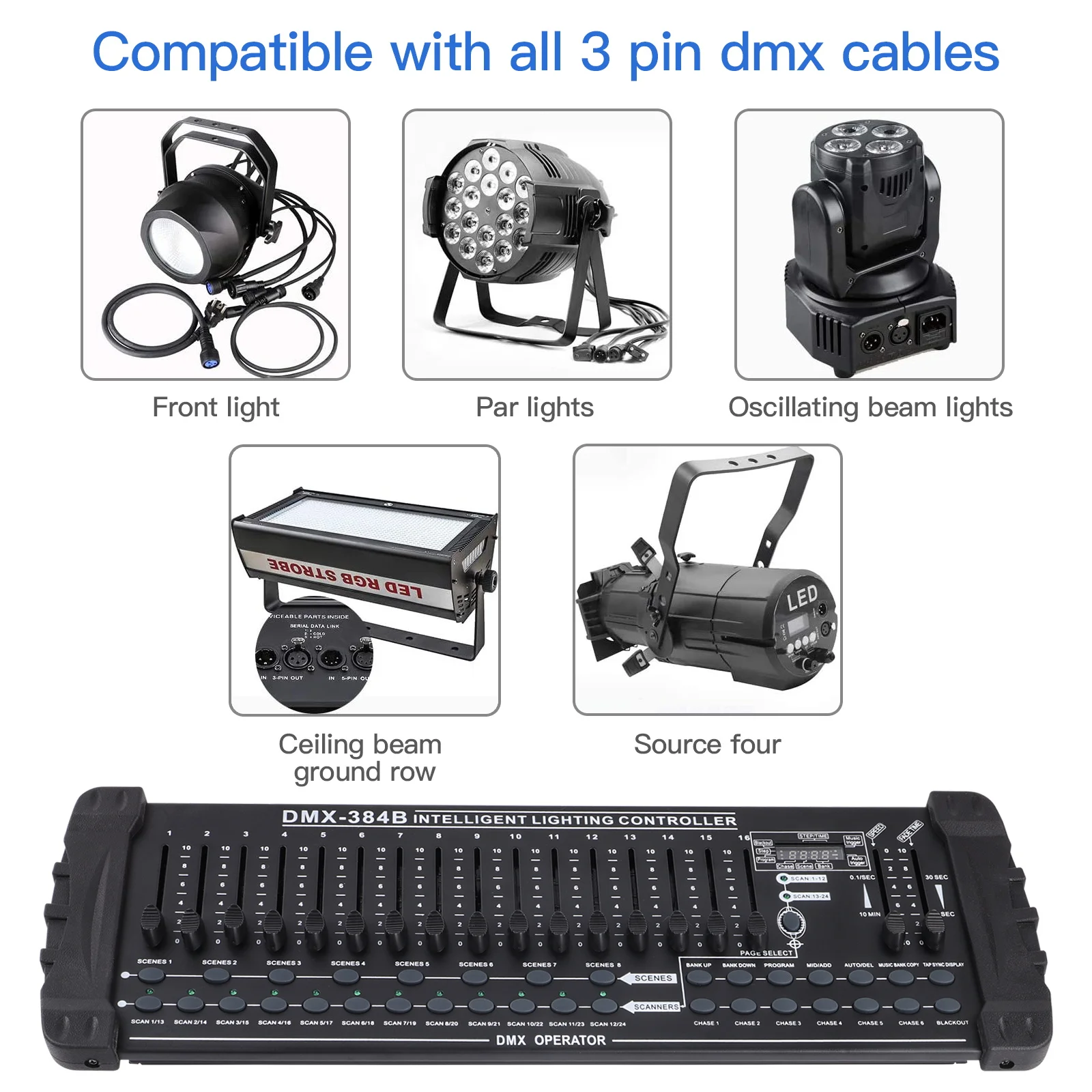 Black DMX and MIDI Operator DMX512 Controller 384 Channel Light Controller for Stage Light Disco Party Concert Wedding Theater