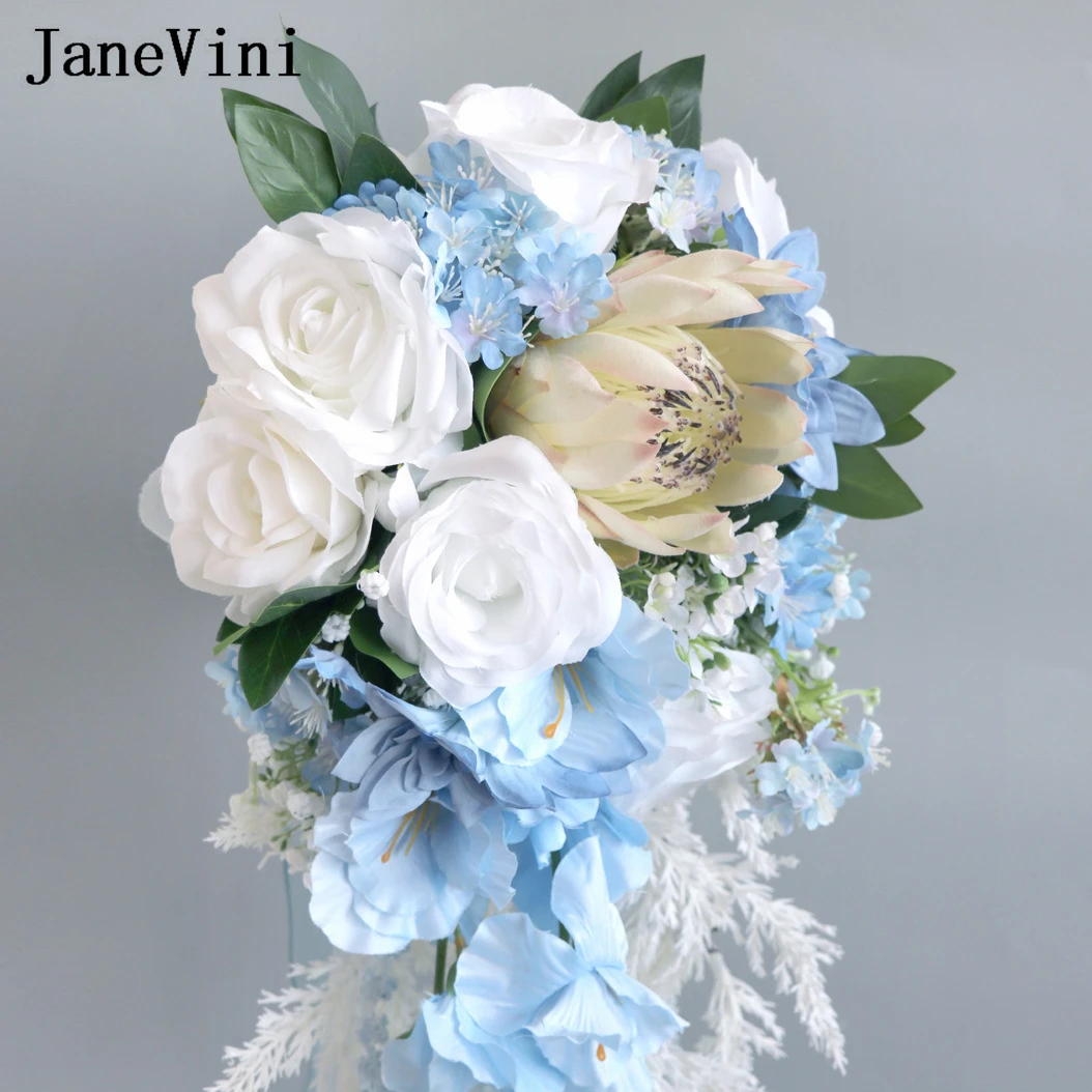 JaneVini 2024 Blue Flowers European Waterfall Wedding Bouquet Bride Cascading Artificial Silk Roses Bridal Bouquets Flor De Boda