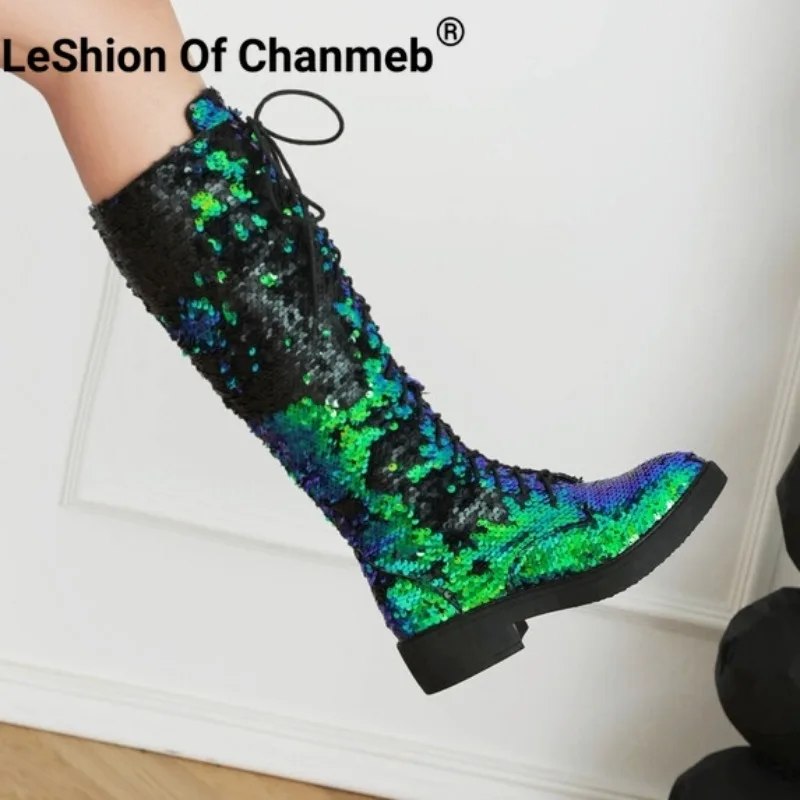 LeShion Of Chanmeb Women Silver Sequins Knee-High Boots Gold Glitter Zipper Boots Bling Bling Lace-up Low Heels Shoes Winter 43