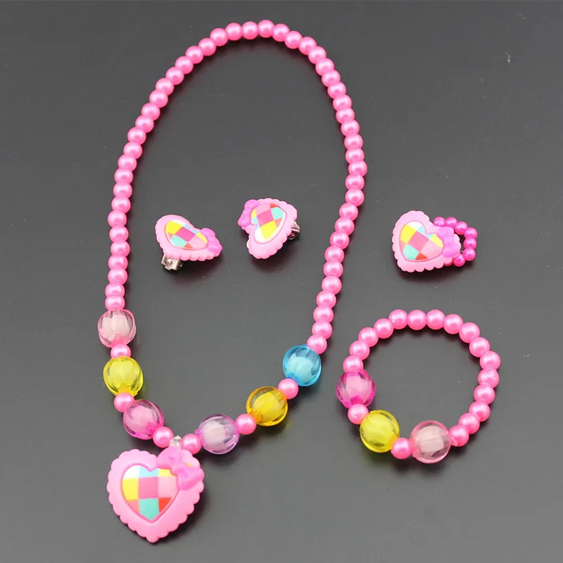 Imitation Pearls Beaded Jewelry Set Baby Girls Lovely Heart Necklace Heart Stud Earrings Kids Children Party Jewelry Gift