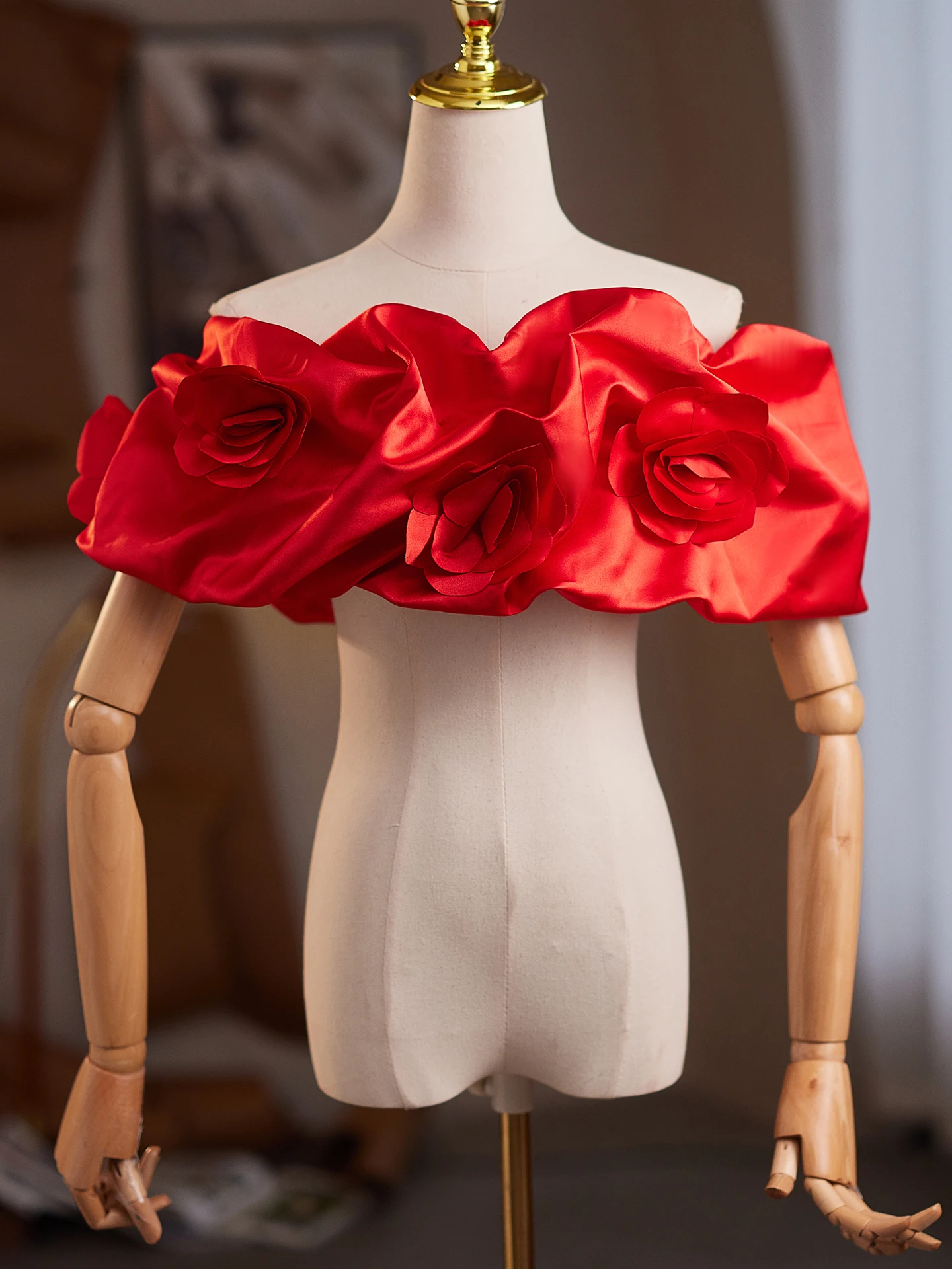 red-satin-oulder-decoration-one-oulder-diy-handmade-evening-gown-accories-for-year-end-celebration-photoaphy