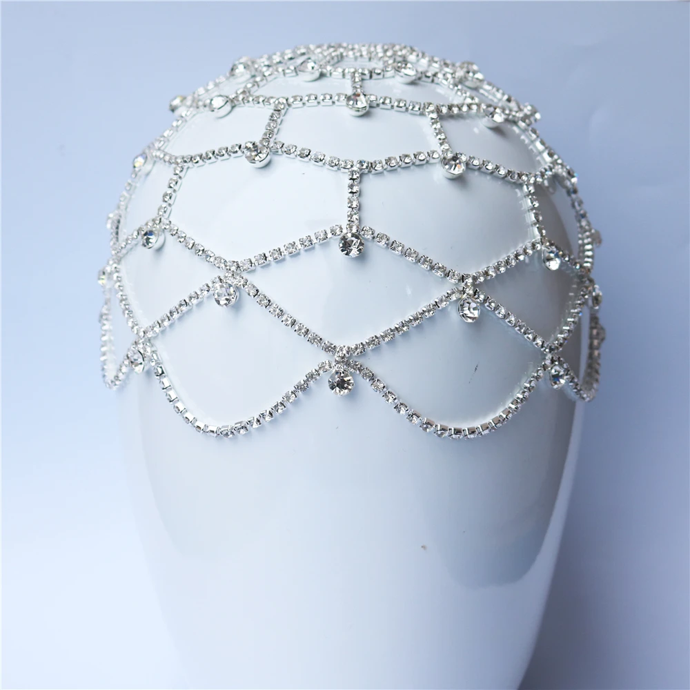 Trend Hollow Rhinestone Multi-layer Headpiece Head Chain Wedding Jewelry for Women Luxury Crystal Forehead Mesh Headband Hat