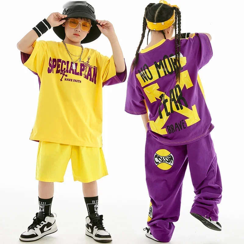 New Hip Hop Dance Costume Boys Girls Performance Outfit Yellow T Shirt Tops Loose Pants Summer Fashion Children Clothing BL10363