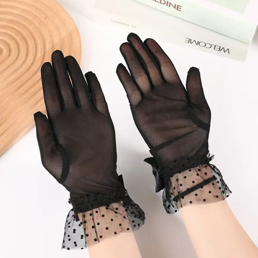 Retro Sweet Black Lace Gloves White Polka Dot Wedding Bridal Gloves Beige Vintage Long Finger Mittens Masquerades Party