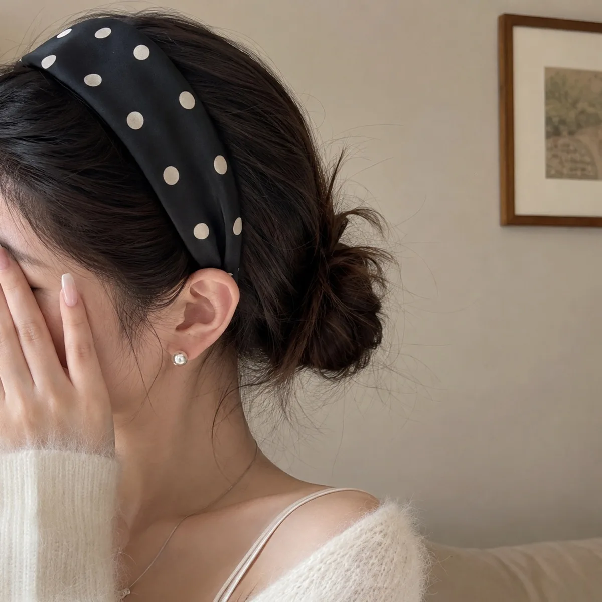 Sturdy Wide Edge Fabric Headband Polka Dots Black Brown Flexible Hoop for Women Travel Home Makeup Petite Hair Management