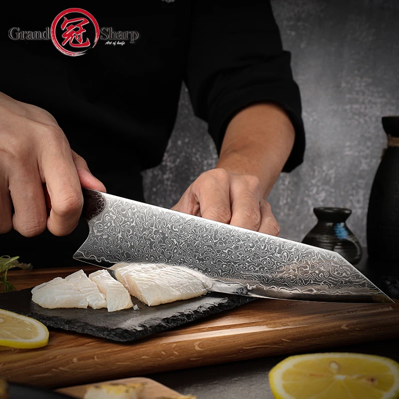 Grandsharp pisau Kiritsuke 7.5 inci, pisau Damaskus 67 lapis, pisau baja pisau koki daging dapur dengan Sandal pegangan kayu