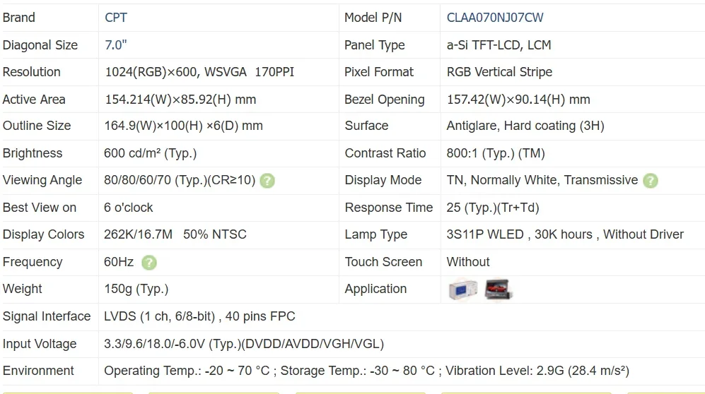 CLAA070NJ07CW   7.0 inch LED 40pin LVDS  1024*600, car gps LED