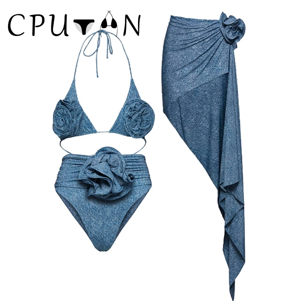 CPUTAN 2024  New Sexy High Waist 3D Flower Bikini Set Denim Print Women Swimwear Brazilian Swimsuit Skirt Beach Bath Suit Dress