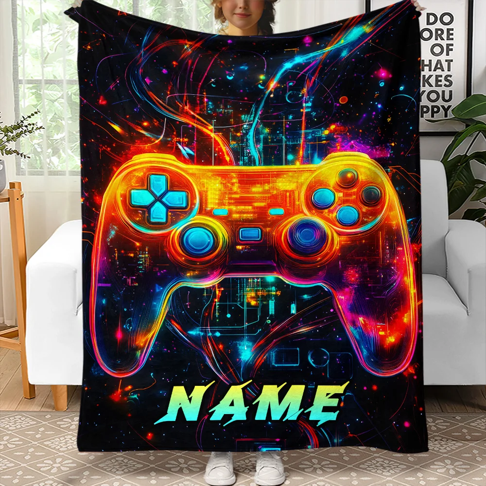 A customizable neon game controller designed with a plush blanket personalized name, all year round, lightweight, polyester