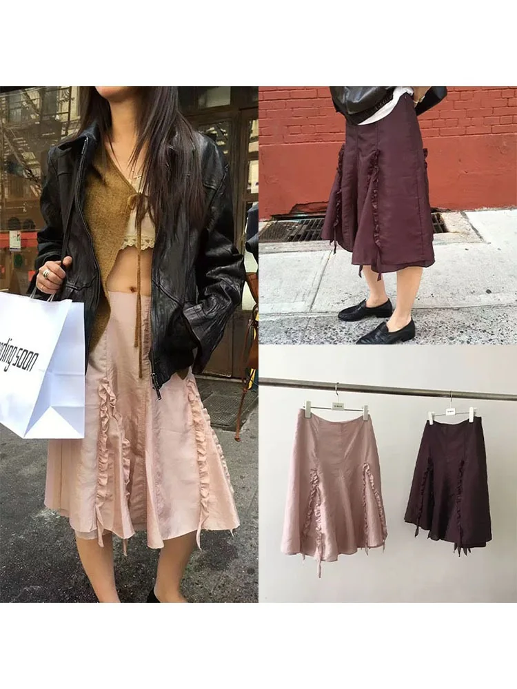 MOSA Korean Style Midi A-Line Skirt with Wood Grain  Autumn New Arrival Slimming Atmosphere Sense Ladies High Waist Skirt