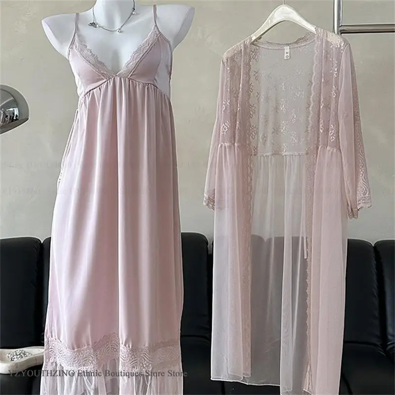 

Sexy Perspective Mesh 2PCS Robe Nightgown Set Women Lingerie Spring Summer New Sleepwear Home Dress Loose Satin Loungewear