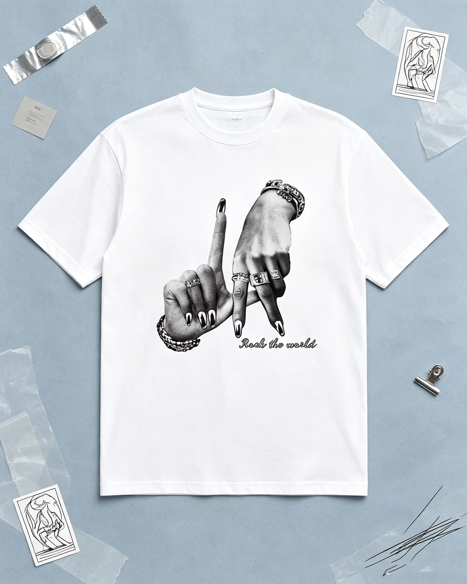 Ladies Vintage Silver Jewelry Hand Slogan Print Casual Loose Fit T-Shirt Wrinkle Resistant Cotton Blend Top