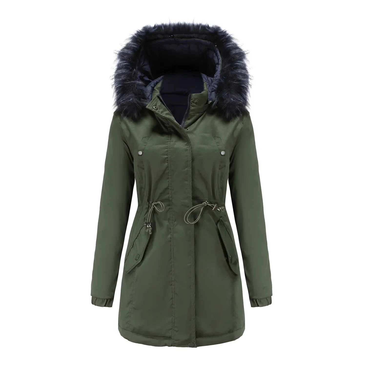 

Double Sided Detachable Fur Collar Hat with Cotton Long Sleeved Jacket Coat for Women In Spring Autumn and Winter