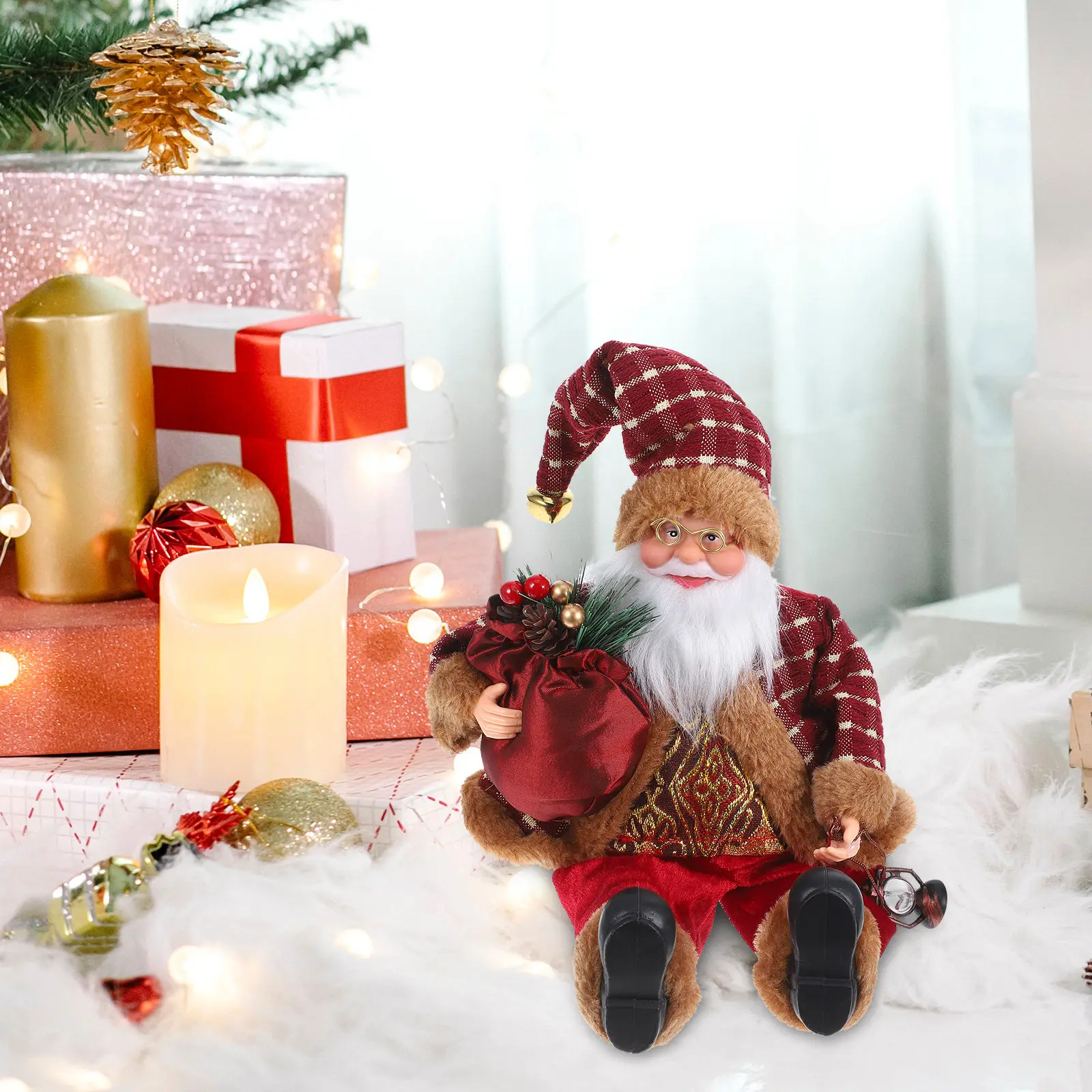 Adorable Sitting Santa Claus Cloth Ornament for Christmas Home Office Party Decoration Shop Window Sofa Bookshelf Desk Cabinet