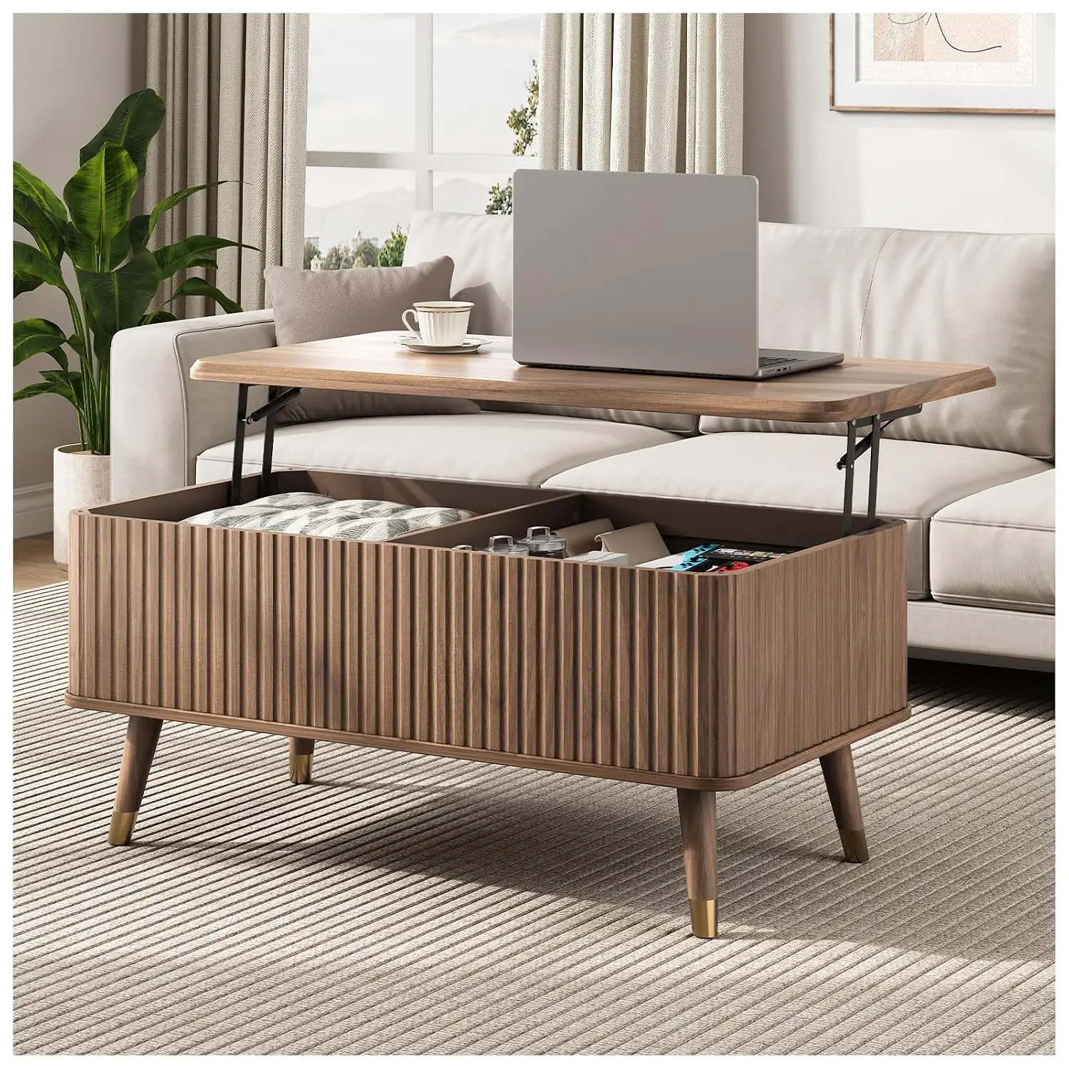 Lift Top Coffee Table with Hidden Storage, Mid Century Modern Fluted Design for Living Room, 38