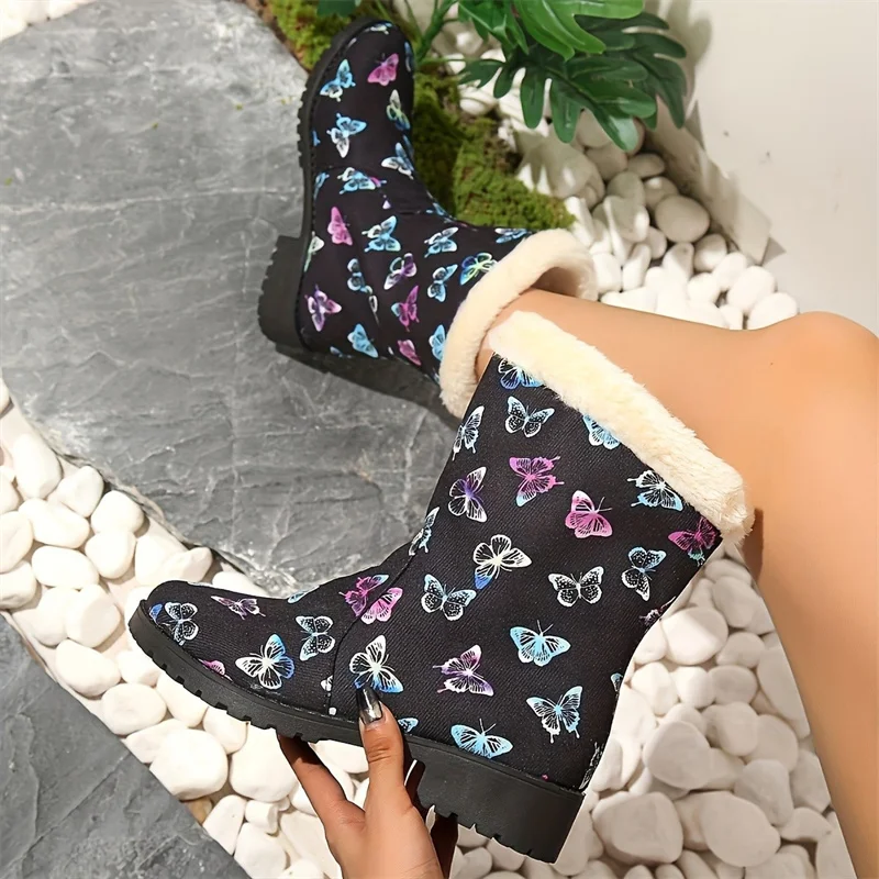 Print Random Women Snow Ankle Boots Cotton Shoes Fur Chunky New Short Plush Boots 2024 Winter Fashion Warm Brand Mujer Zapatos