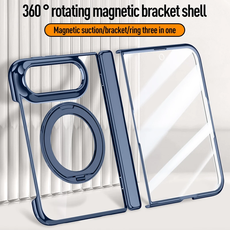 For Magsafe Case For iPhone Duo Electroplating Transparent Magnetic Rotating Bracket Hinge With Tempered Film Shockproof Cover