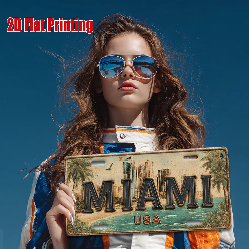 AL Miami USA Beach Cityscape License Plate Sign - Vintage Durable Metal Plaque Wall Decor, Home Office Bar Man Cave Wall Art