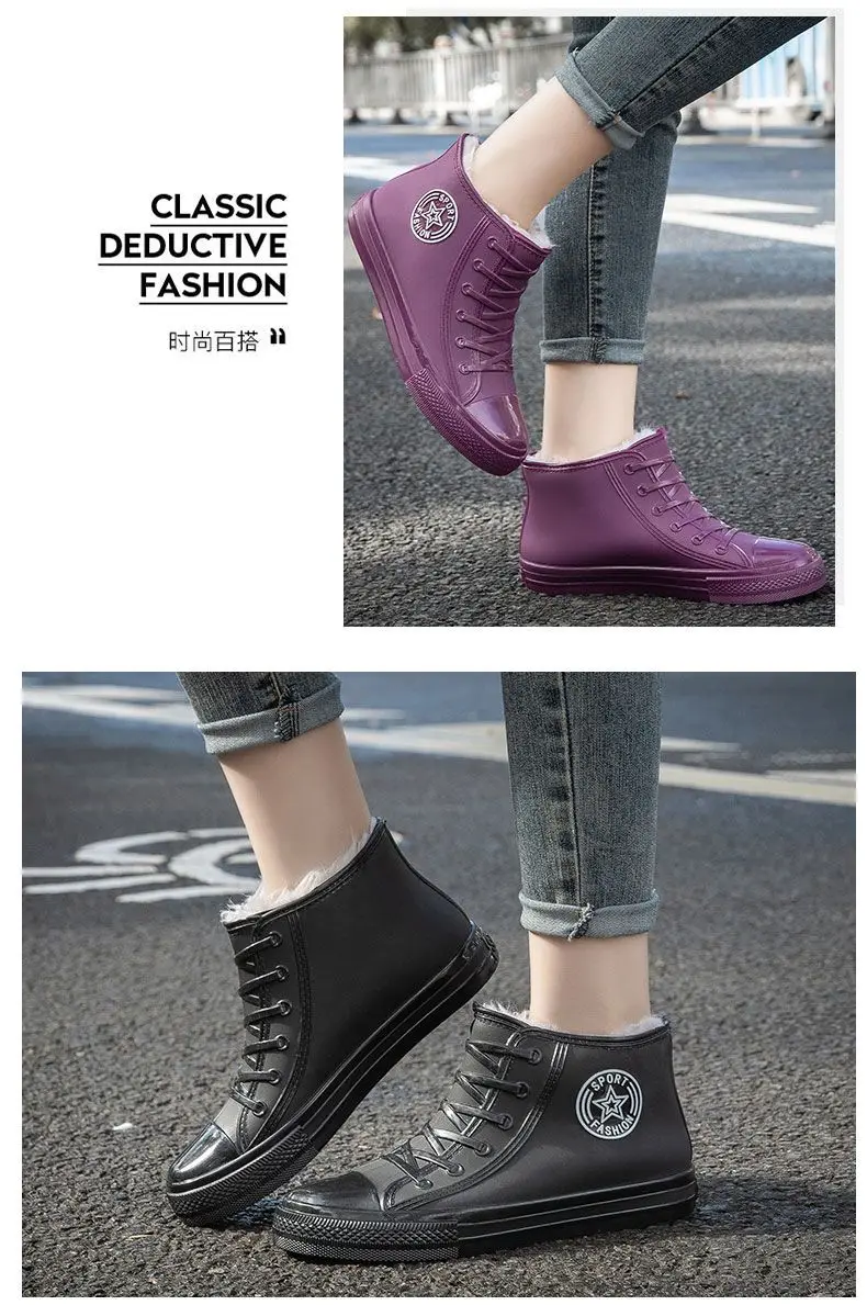 Stilvolle warme Damen-Regenschuhe mit Fell, wasserdichte Winterstiefel, Damen-Galoschen, modische Garten-Regenschuhe, Plüsch-Regenstiefel der Marke – Detail 10
