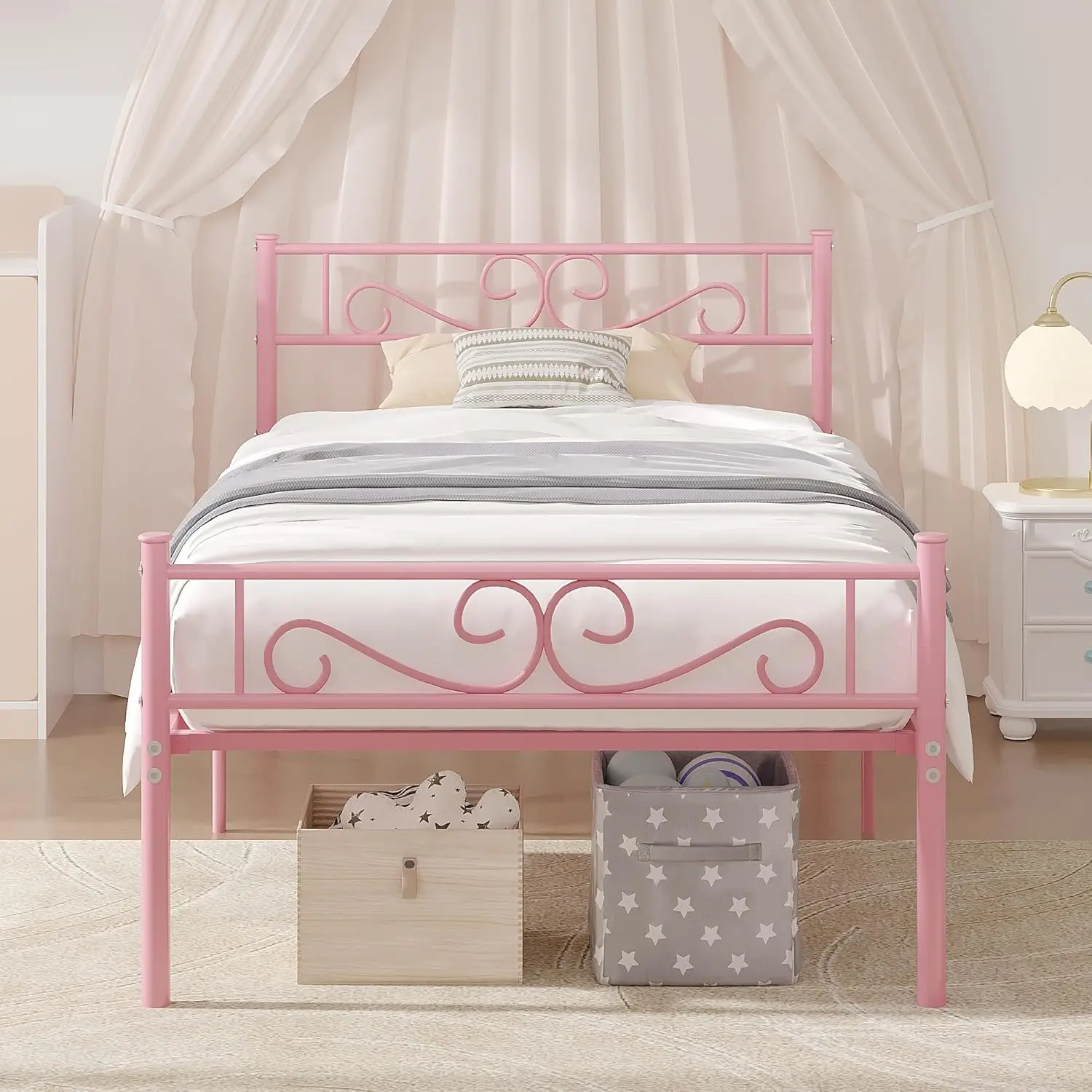 

Pink Twin Size Metal Bed Frame with Headboard, 14 Inch Platform, Easy Assembly, Squeak Resistant