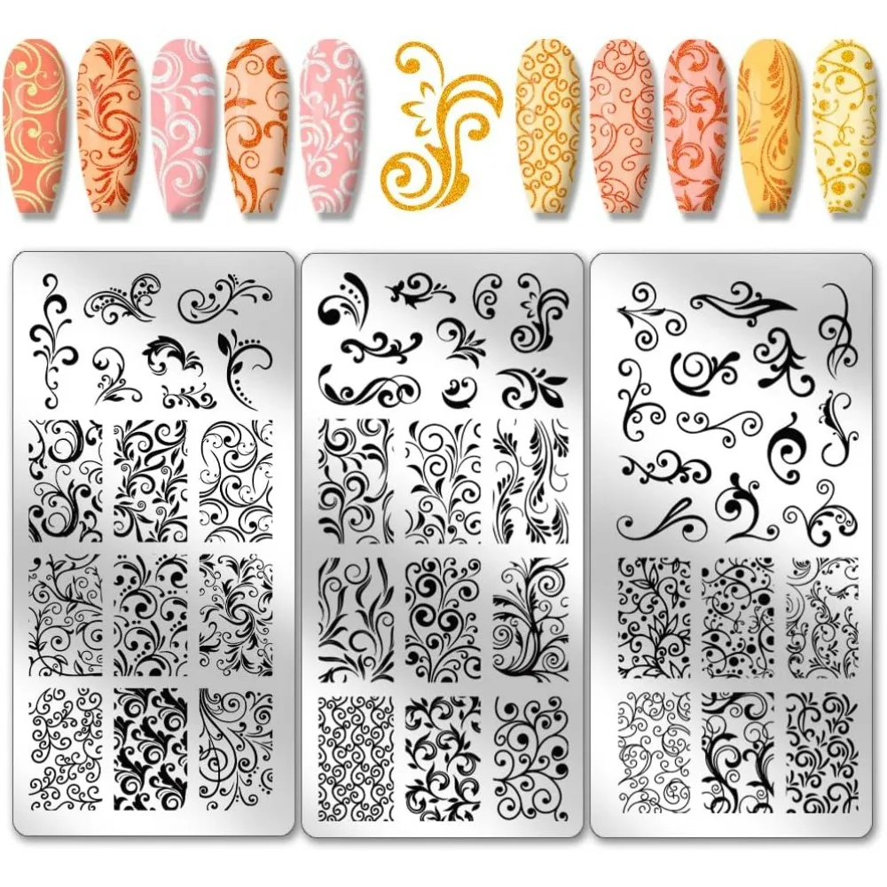 3pcs Swirl Pattern Nail Art Templates French Nail Stamping Plate 52 Patterns Plant Floral Nail Art Stencils Stainless Steel