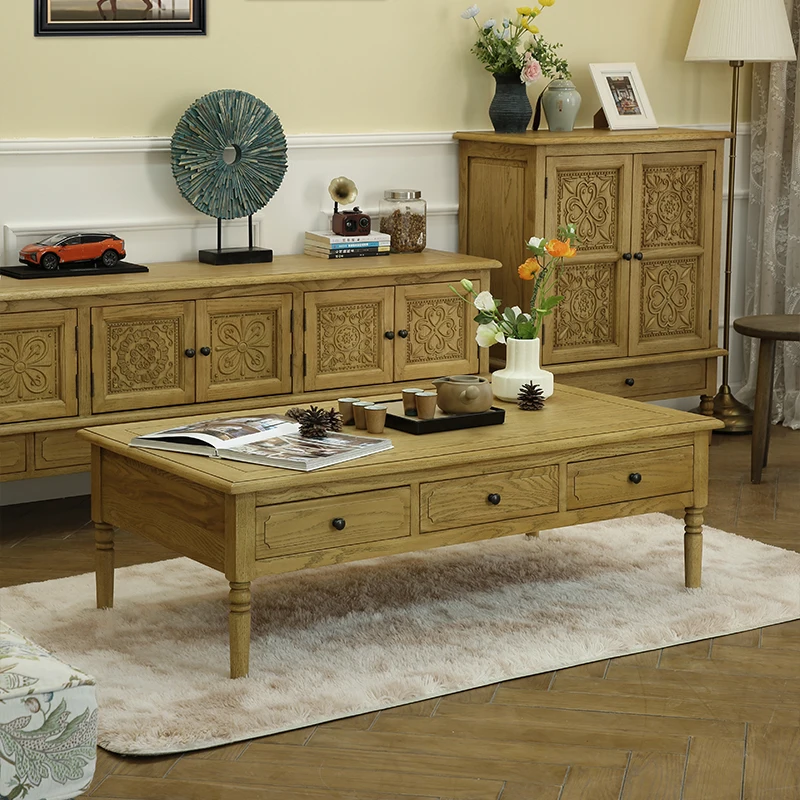 

American country European retro solid wood six drawers coffee table imported oak living room furniture high coffee table log