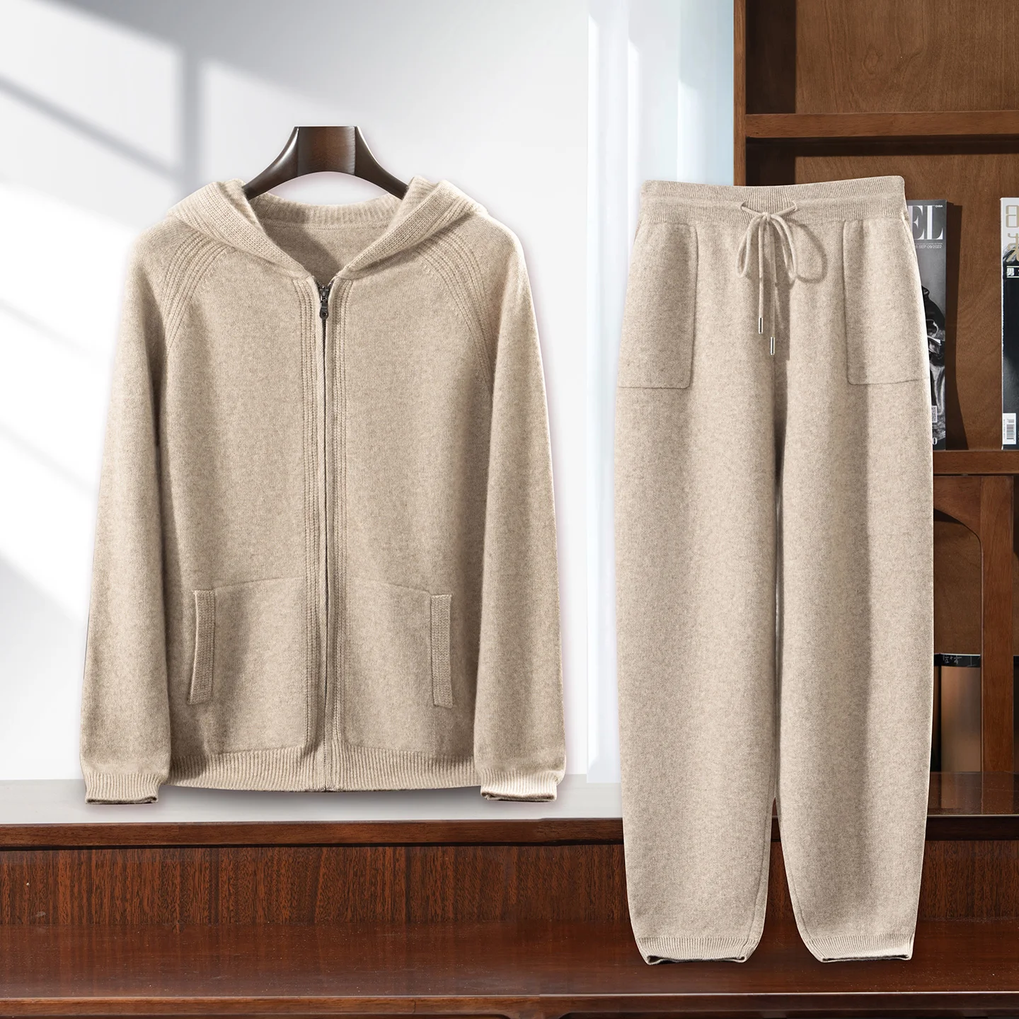 Autumn Winter New Set 100% Cashmere Knitted Two-Piece Men's Hooded Zipper Cardigan High Waisted Small Leg Pants Casual Warm Suit