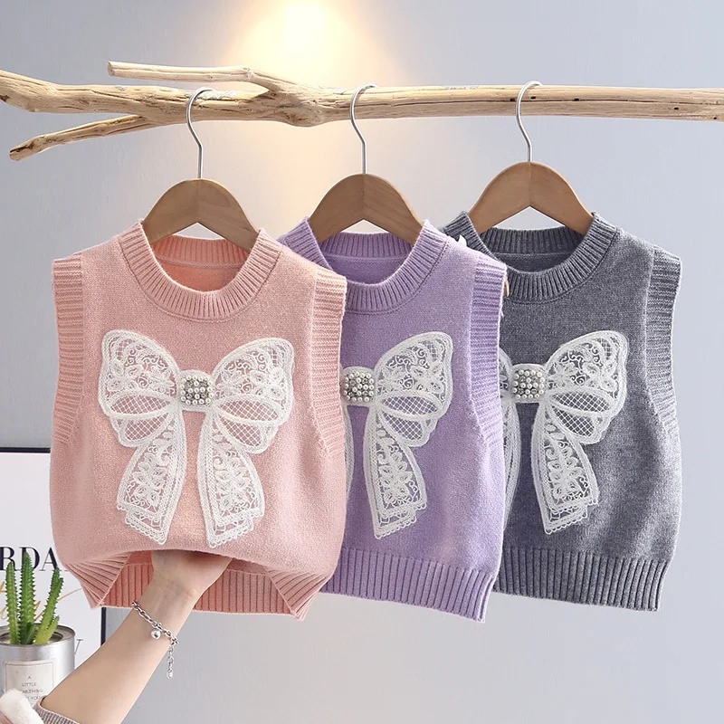 Girl Knitted Vest 2025 Spring Autumn Thin Outfit New Fashion Large Lace Butterfly-knot Little Girls Sleeveless Pullovers IY05271