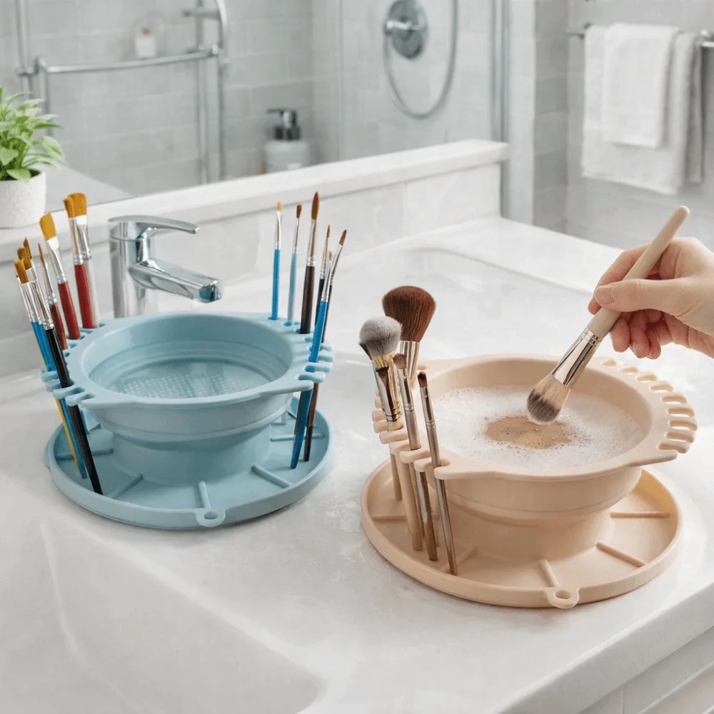 3-in-1 Make-up-Pinsel-Reiniger, faltbar mit Pinselhalter, Make-up-Pinsel-Reinigungsbox, Silikon-Lidschattenpinsel-Waschschale