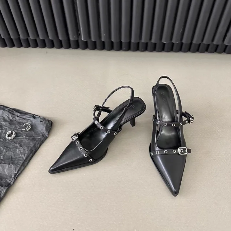 

New Fashion bag head cool Slippers French niche Pointed toe belt buckle thin heel Women's high-heeled Women's Summer outerwear