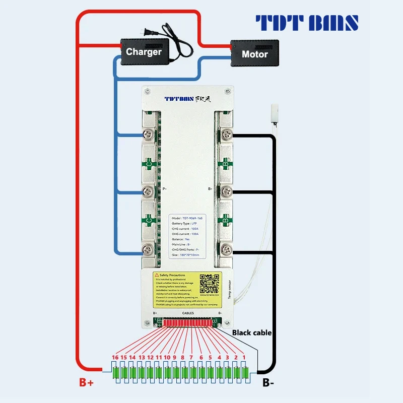 TDT BMS Lifepo4 12S 36V 13S 14S 15S 48V 16S 60V Li-Ion 18650 Battery Packs management system  50A 100A 150A 200A with balancer