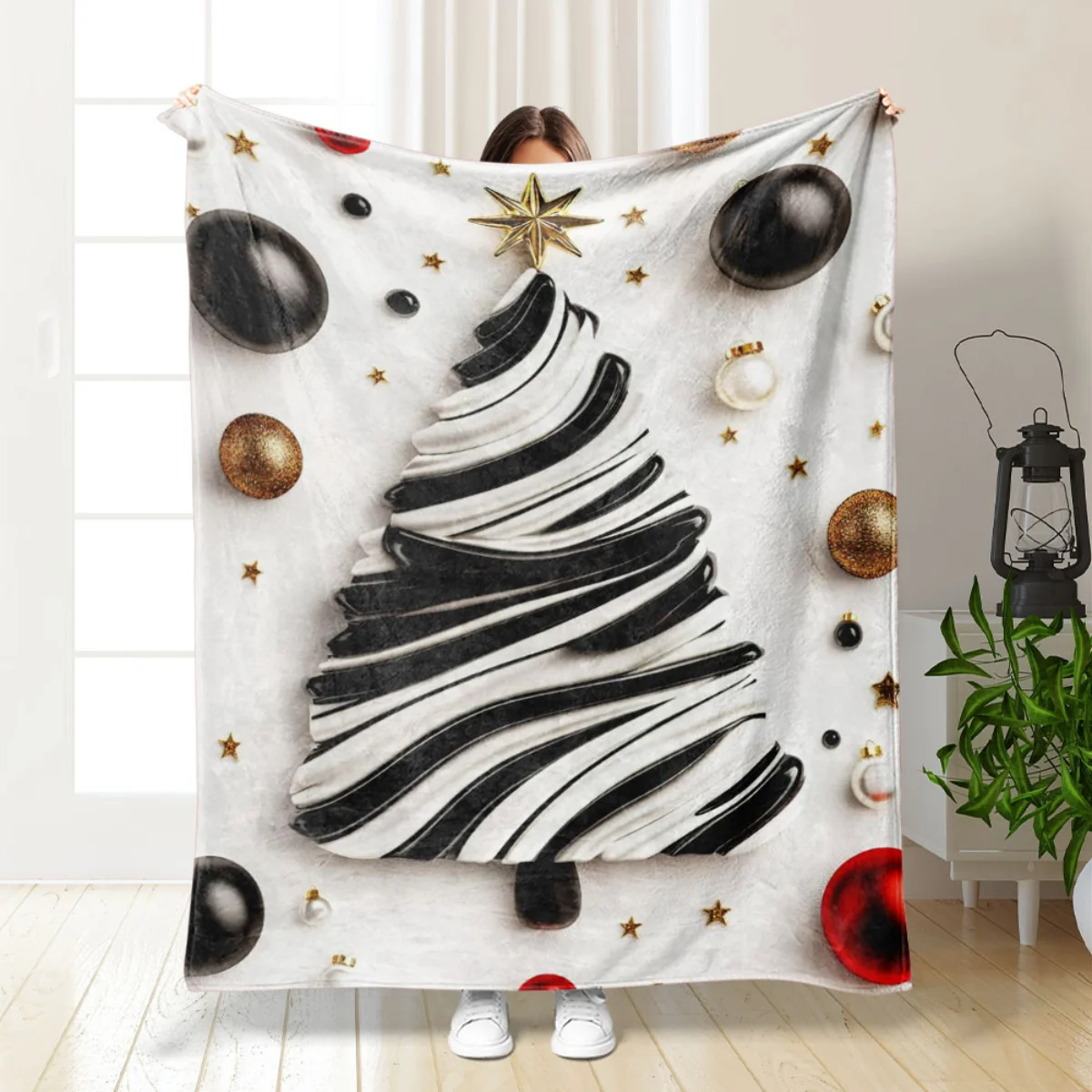 

One flannel blanket with a black and white Christmas tree print, suitable for sofas, beds, offices, travel, camping, Christmas