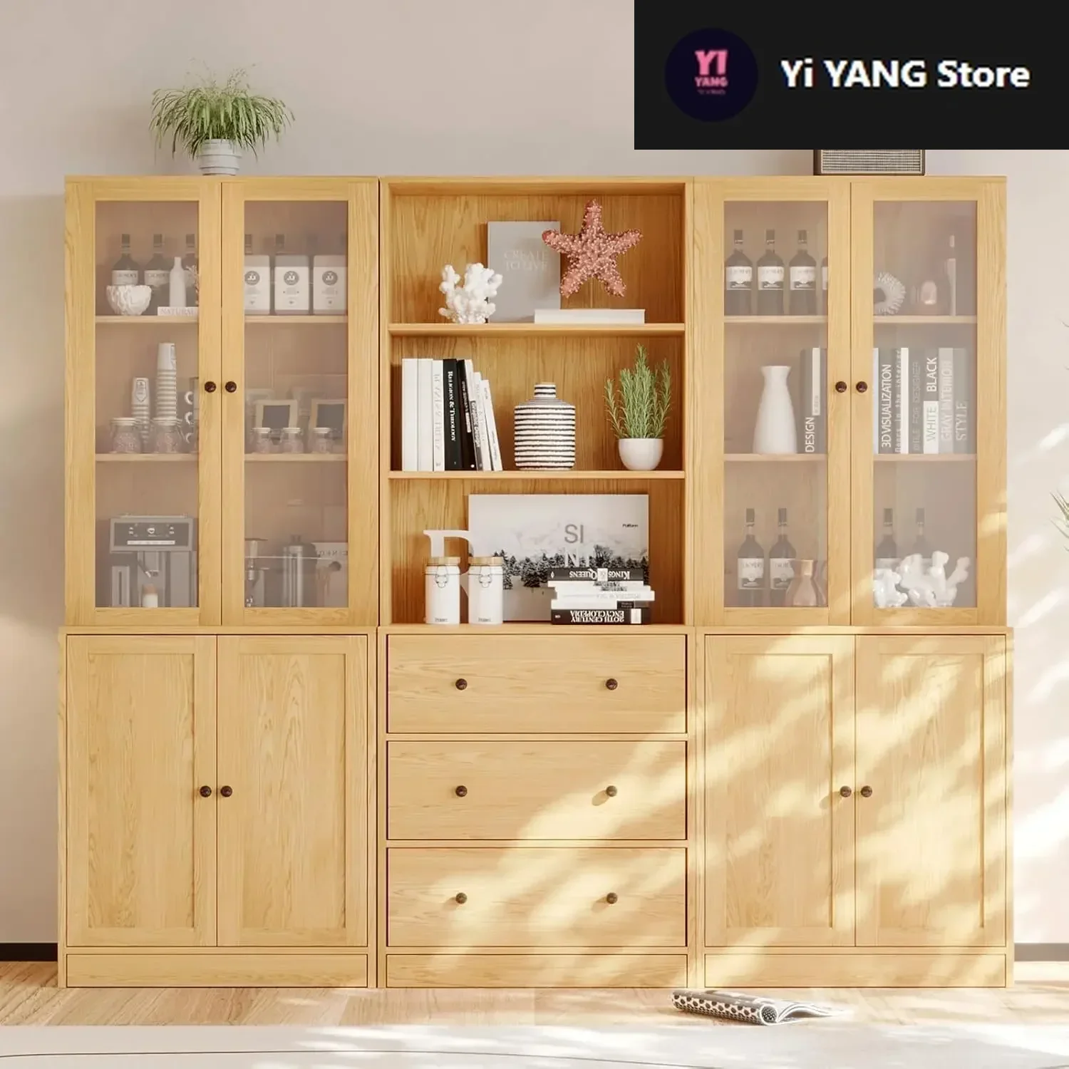 

Vertical File Cabinet, 3-Tier Modern Bookshelf with 3 Large Drawer, Wood Filing Cabinet with Open Storage Shelf, Glass Doors