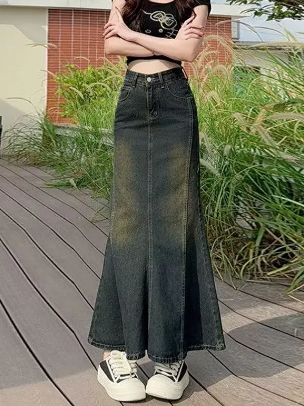 Dżinsowa spódnica z wysokim stanem damska, spódnica w kształcie litery A z efektem rybki, wyszczuplająca spódnica kopertowa, bawełniana, codzienna, do pracy.