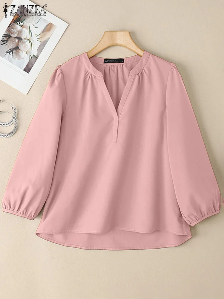 

ZANZEA Summer V Neck 3/4 Sleeve Shirt Women Solid Work OL Blouse Casual Loose Chemise Fashion Holiday Tunic Tops Oversize 2025