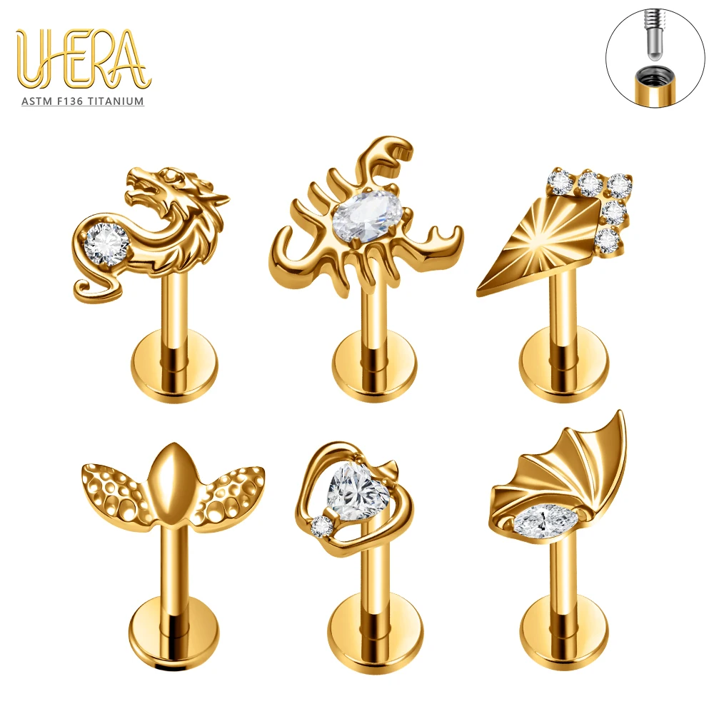 G23 ASTM F136 Titanium Labret Stud Internal Thread 16G CZ Flat Back Scorpion Dragon Lip Tragus Helix Ear Piercing Jewelry