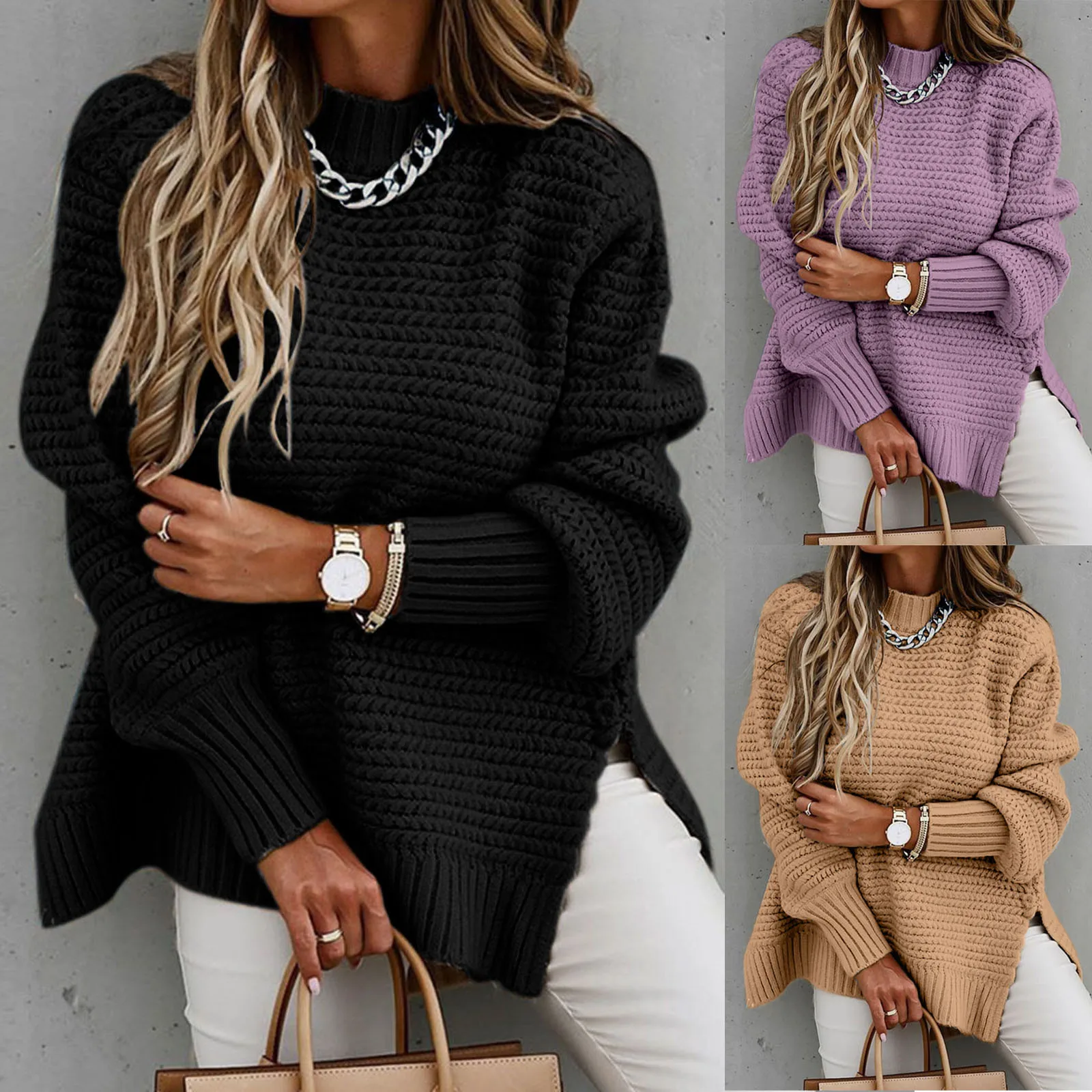 2024 New Autumn Women Pullover Sweater Solid Color Long Sleeve Casual T Shirts O Neck Loose Long Tops for Girls Hooded Sweater