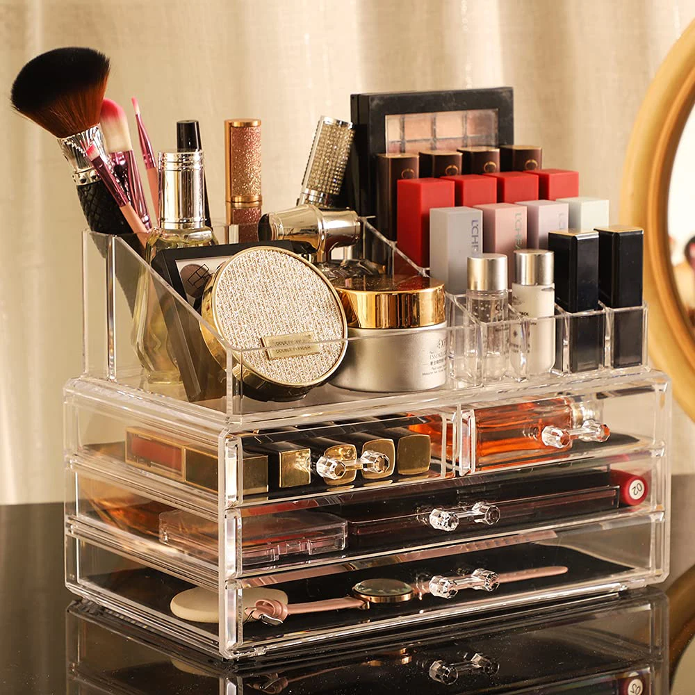 

Clear Makeup Organizer16 Compartment Cosmetic and Jewelry Holder, 4-Drawer Vanity Storage