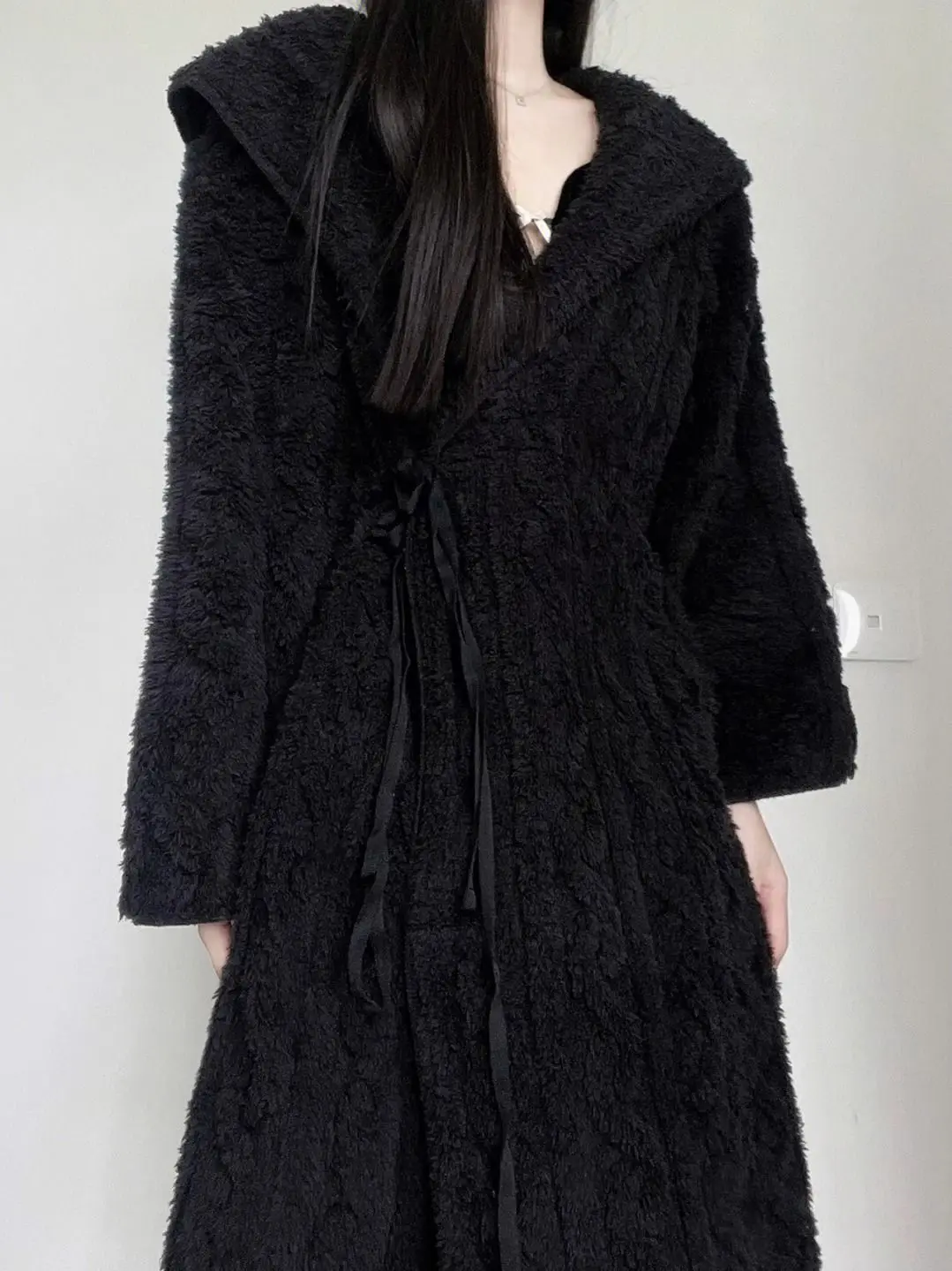 Coral Fleece Black Nightdress Women Winter Sweet Princess Sleepwear Bathrobe Thicken Flannel Pajamas Hooded Women Homewear Dress