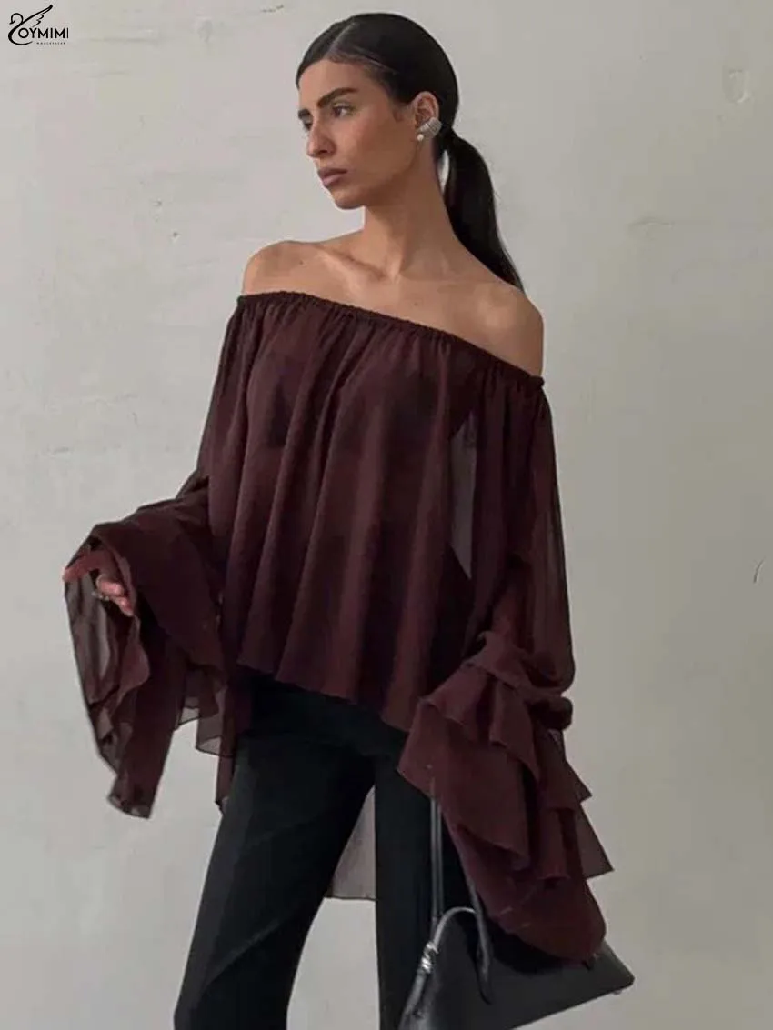 

Oymimi модные винно-красные свободные женские блузки, повседневные новые блузки без бретелек с пышными рукавами, осенняя однотонная плиссированная блузка, женская одежда